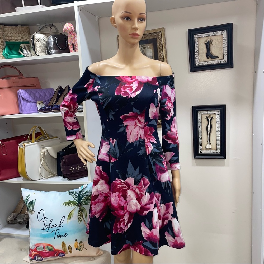 Vince Camuto Floral Print Off The Shoulder Long Sleeve Stretchy Balloon Dress